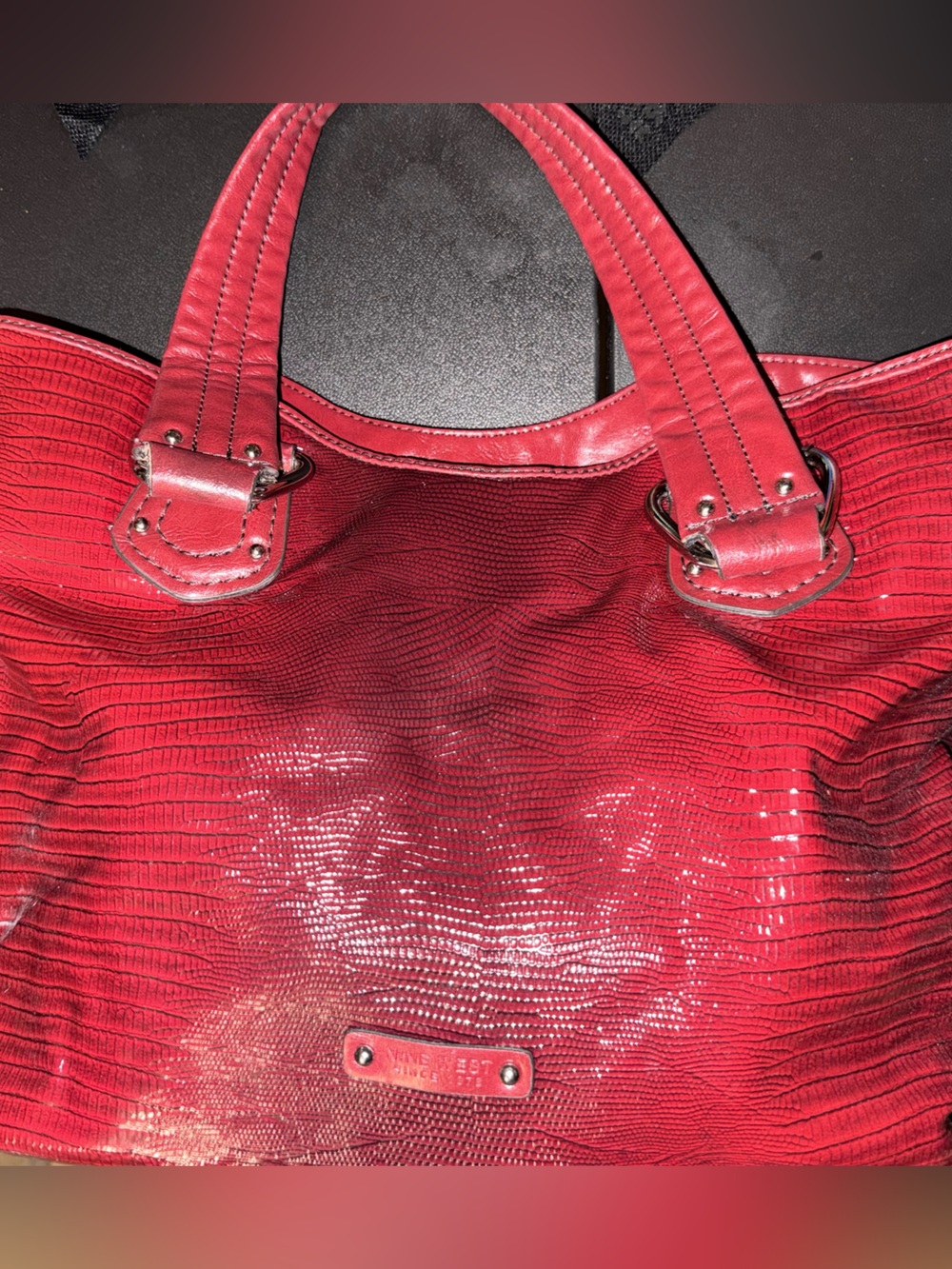 Nine West Red Faux Lizard Snakeskin Tote Bag Y2K Leopard Lining